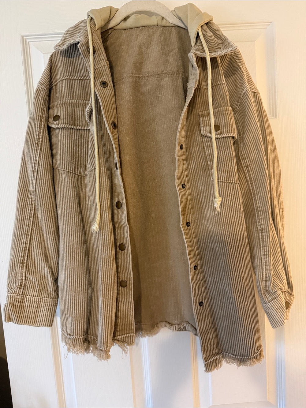 Neutral Corduroy Hooded Shacket - Beige